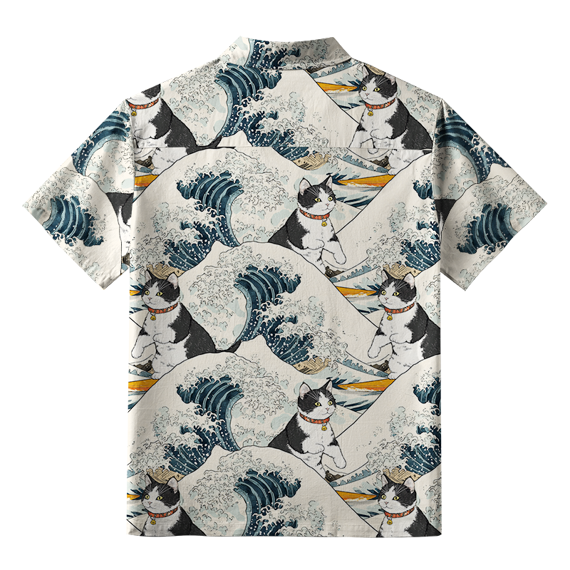 Tokyo-Tiger Funny Cat Surfing Button-up Shirt