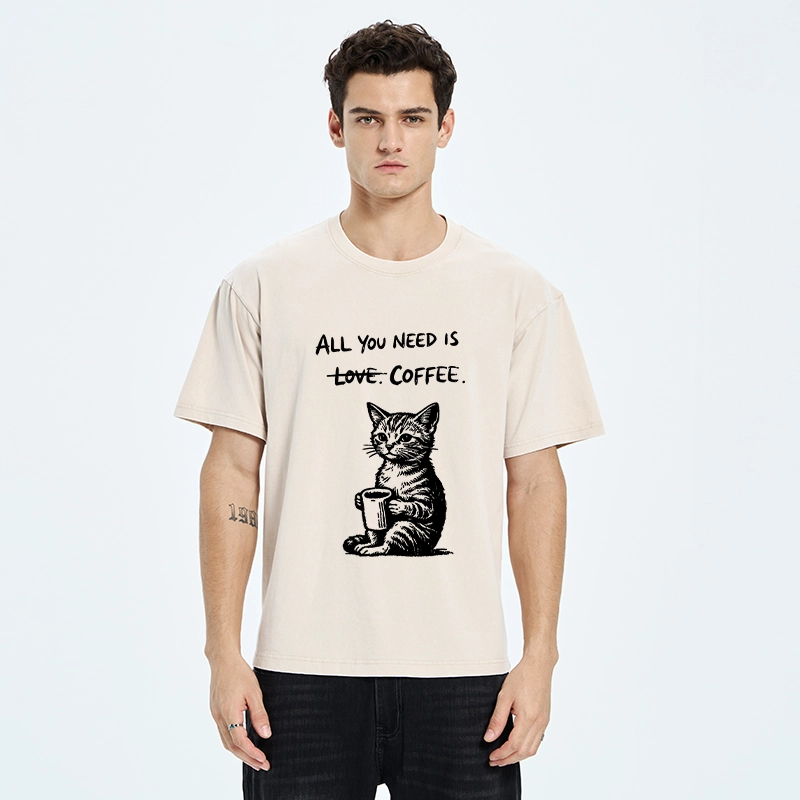 Tokyo-Tiger Cute Cat Coffee Daily Happy Vibe Washed T-Shirt