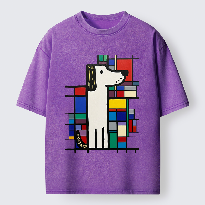 Tokyo-Tiger Geometric Cute Dog Art Washed T-Shirt