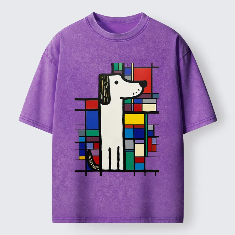 Tokyo-Tiger Geometric Cute Dog Art Washed T-Shirt