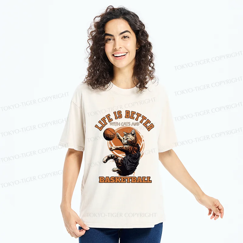 Tokyo-Tiger Kitten Is Playing Basketball Washed T-Shirt