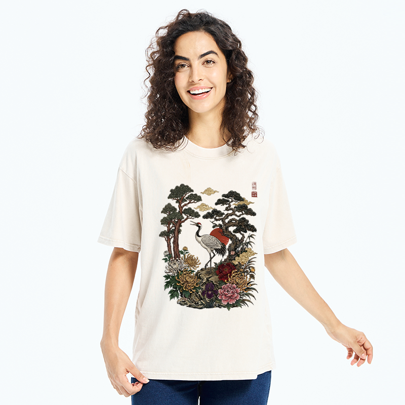 Tokyo-Tiger Vintage Crane Pine Tree Art Washed T-Shirt