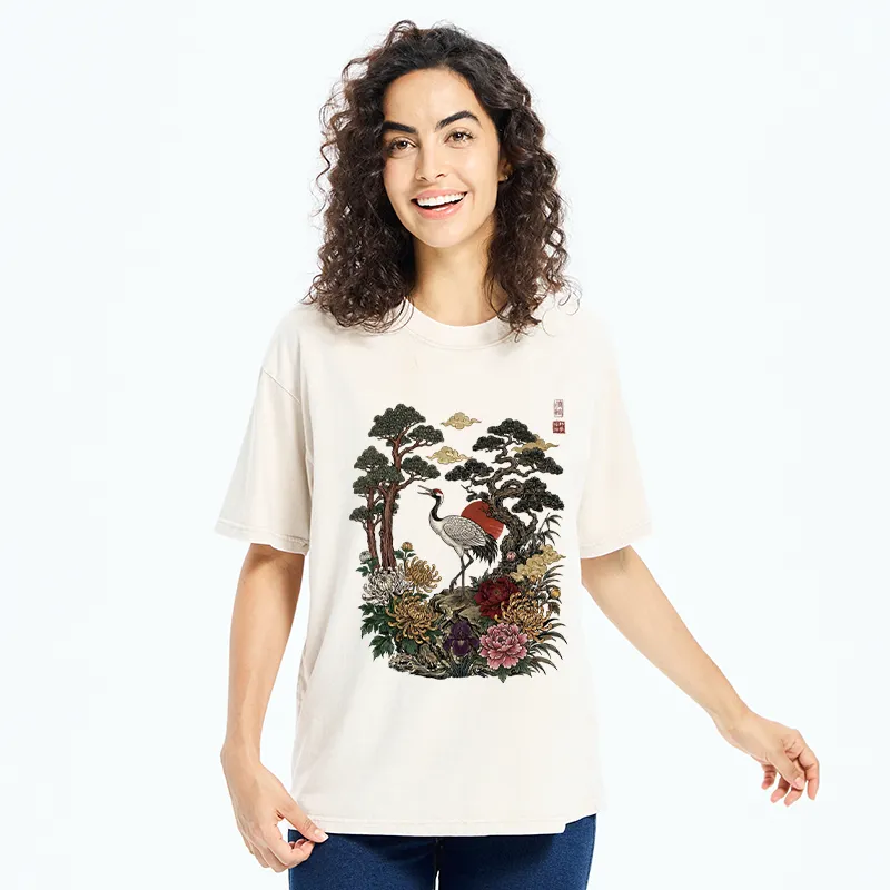 Tokyo-Tiger Vintage Crane Pine Tree Art Washed T-Shirt