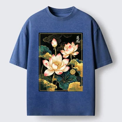 Tokyo-Tiger Oriental Lotus Print Washed T-Shirt