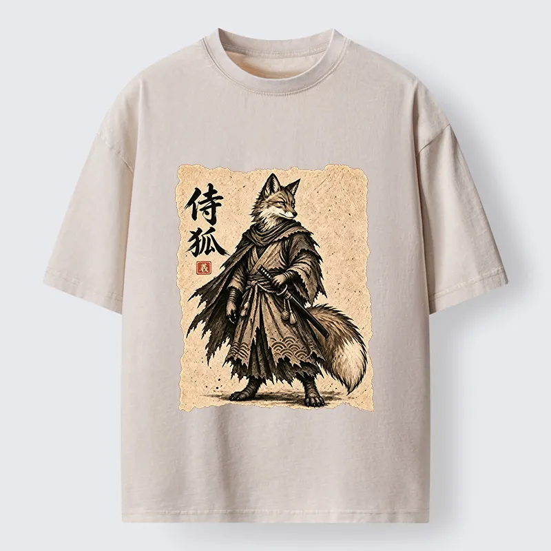 Tokyo-Tiger Vintage Samurai Fox Art Washed T-Shirt