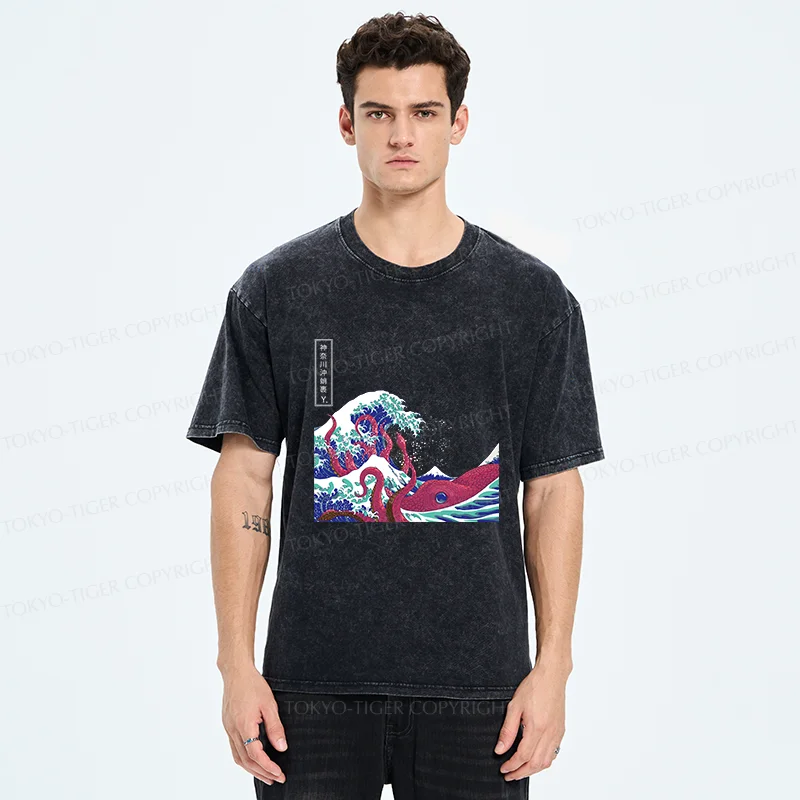 Tokyo-Tiger Octopus And Waves Washed T-Shirt