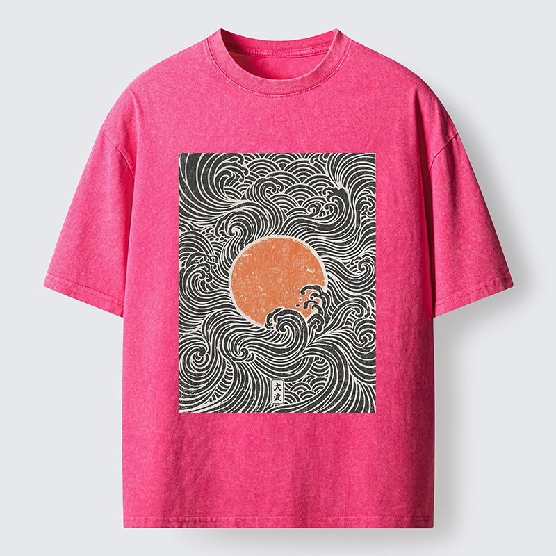 Tokyo-Tiger Ukiyo-e Sun And Waves Washed T-Shirt