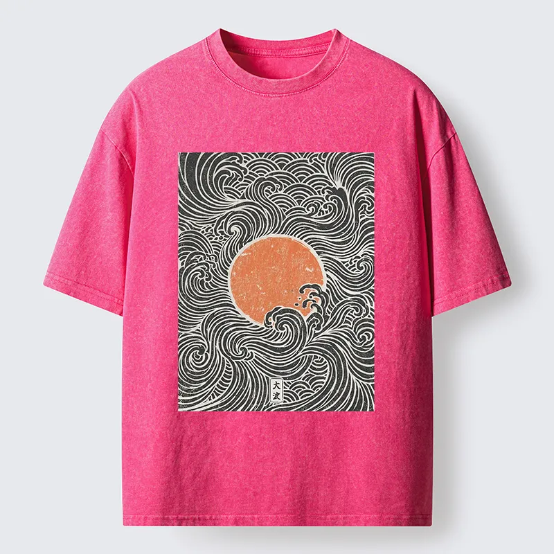 Tokyo-Tiger Ukiyo-e Sun And Waves Washed T-Shirt