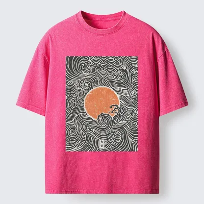 Tokyo-Tiger Ukiyo-e Sun And Waves Washed T-Shirt