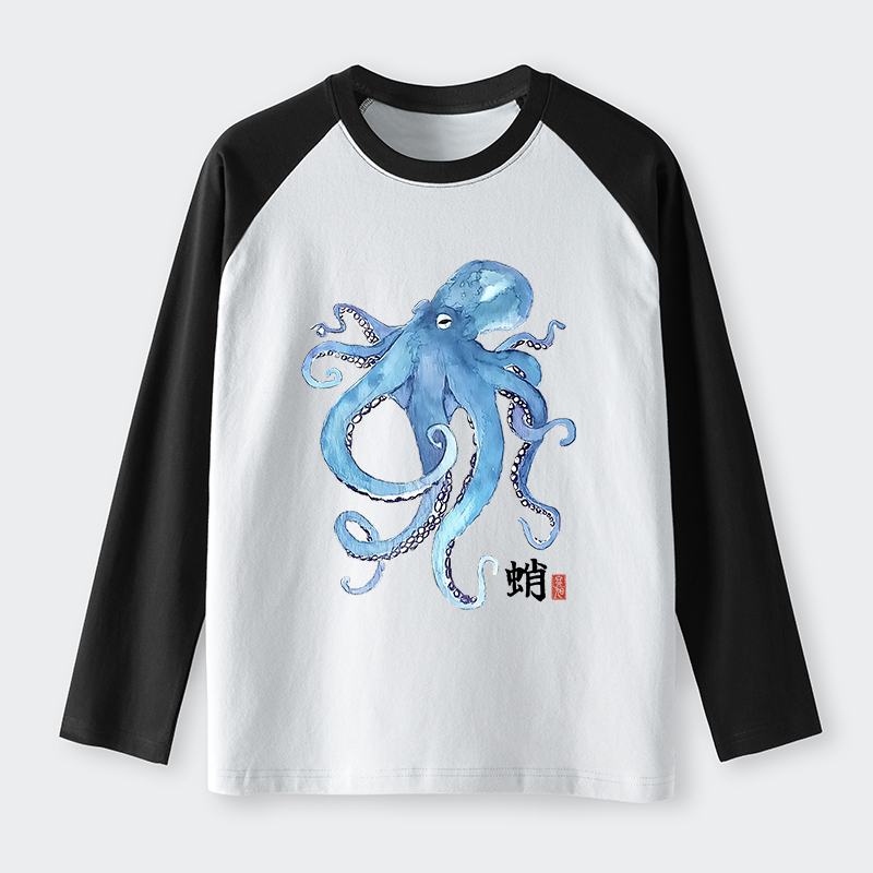 Tokyo-Tiger Watercolor Blue Octopus Raglan Long Sleeve T-shirt