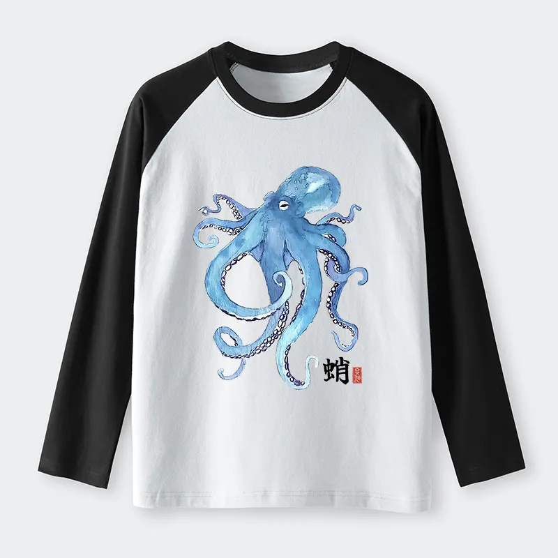 Tokyo-Tiger Watercolor Blue Octopus Raglan Long Sleeve T-shirt