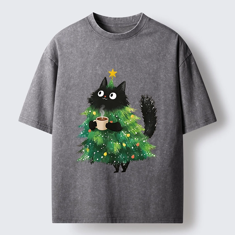 Tokyo‑Tiger Coffee Christmas Cat Washed T‑Shirt