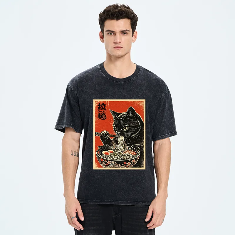 Tokyo-Tiger Japanese Ramen Cat Art Washed T-Shirt