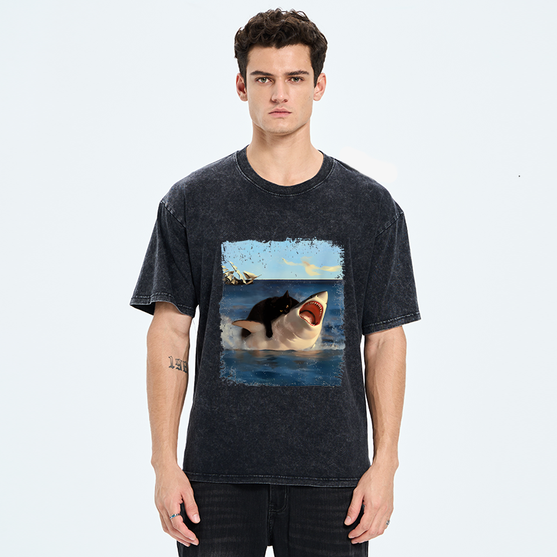 Tokyo-Tiger Cat Bites Shark Washed T-Shirt