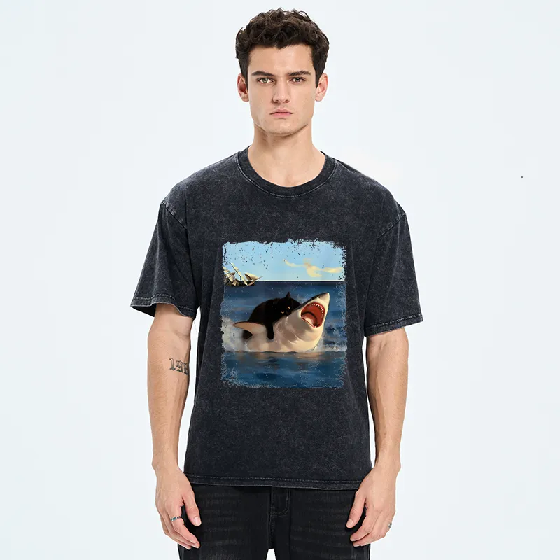 Tokyo-Tiger Cat Bites Shark Washed T-Shirt