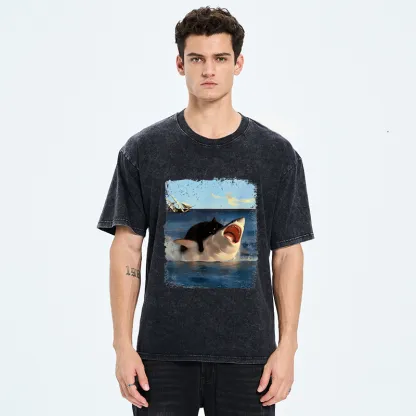 Tokyo-Tiger Cat Bites Shark Washed T-Shirt