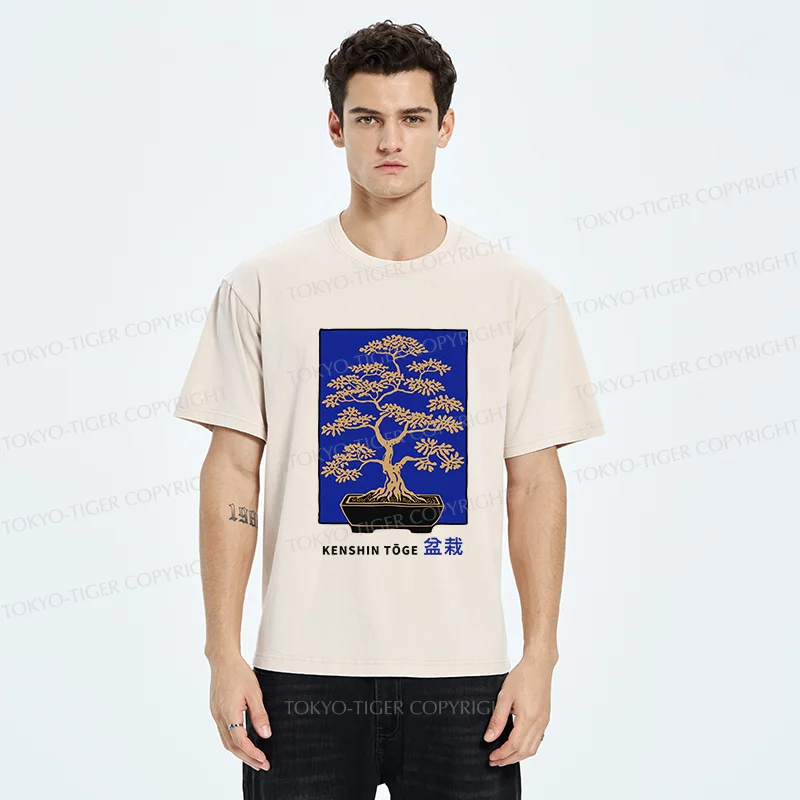 Tokyo-Tiger Japanese Bonsai Woodcut Washed T-Shirt