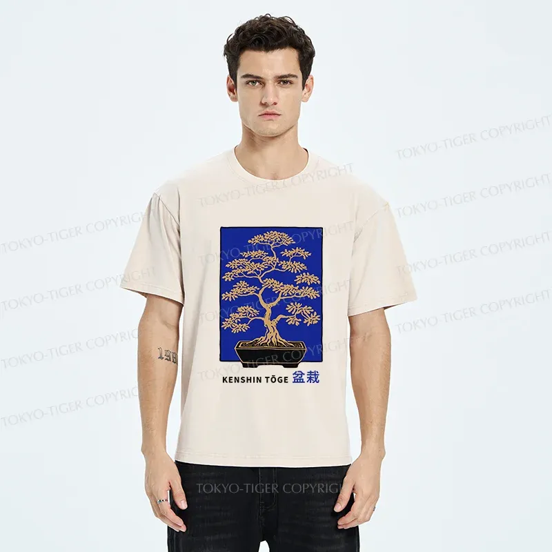 Tokyo-Tiger Japanese Bonsai Woodcut Washed T-Shirt