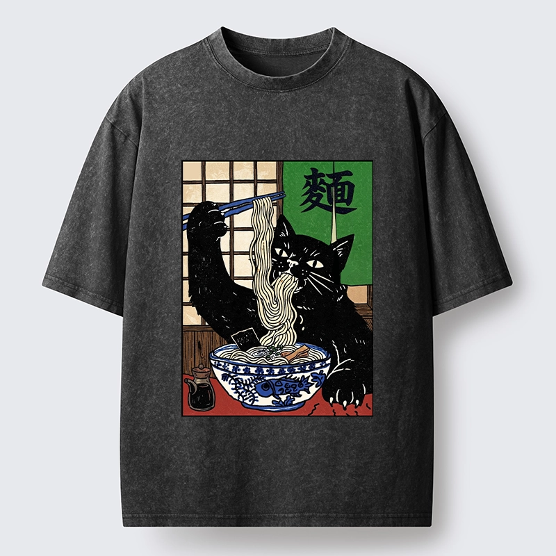 Tokyo‑Tiger Ramen Cat Vibes Washed T‑Shirt