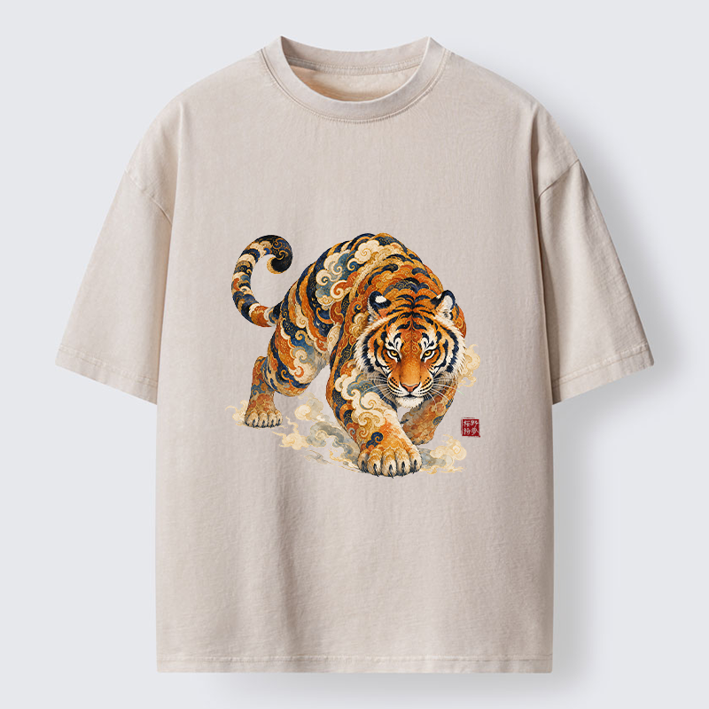 Tokyo-Tiger Vintage Cloud Tiger Print Washed T-Shirt