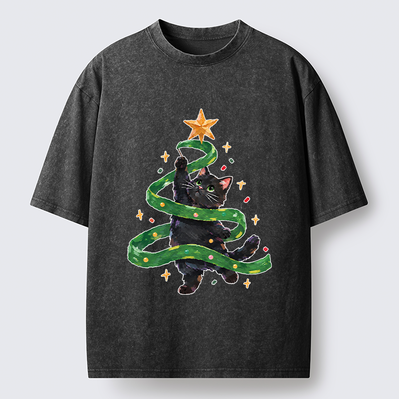Tokyo-Tiger Black Cat Christmas Tree Ribbon Washed T-Shirt