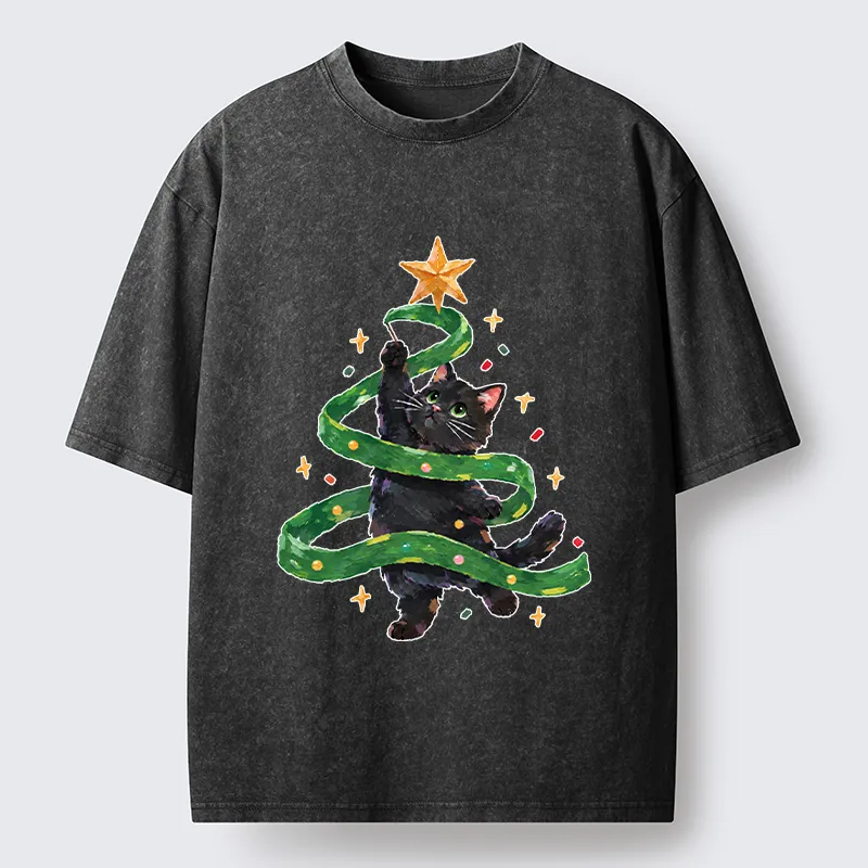 Tokyo-Tiger Black Cat Christmas Tree Ribbon Washed T-Shirt
