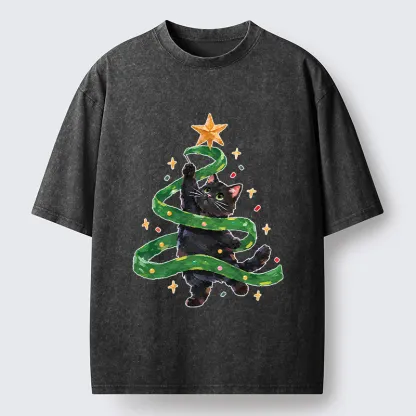 Tokyo-Tiger Black Cat Christmas Tree Ribbon Washed T-Shirt