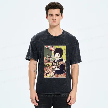 Tokyo-Tiger Geisha Drinking Beer Washed T-Shirt