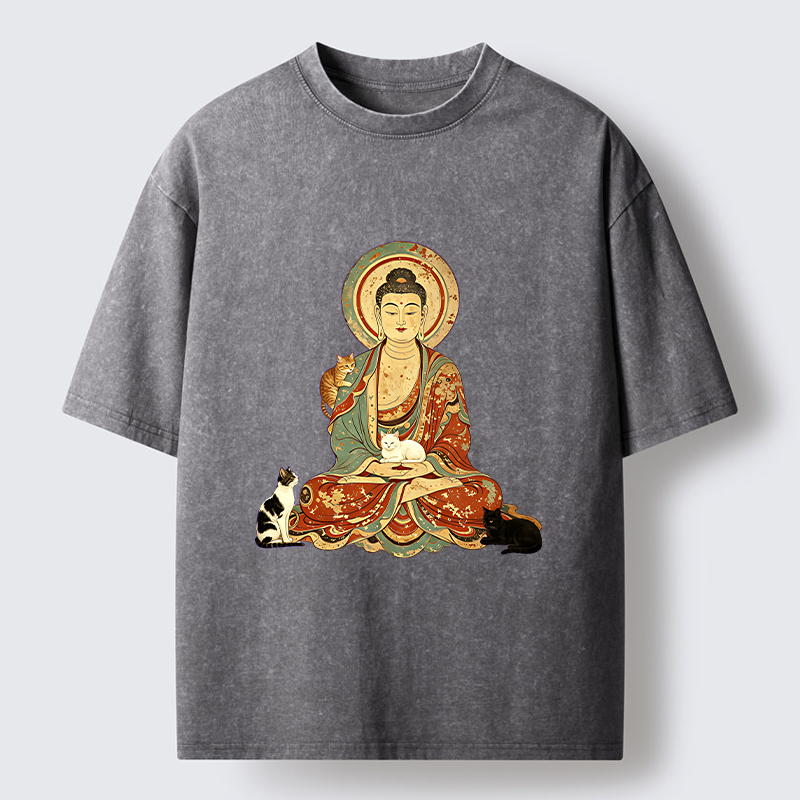 Tokyo-Tiger Buddha And Cats Art Washed T-Shirt