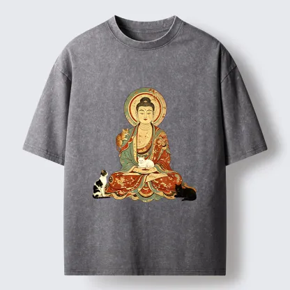 Tokyo-Tiger Buddha And Cats Art Washed T-Shirt