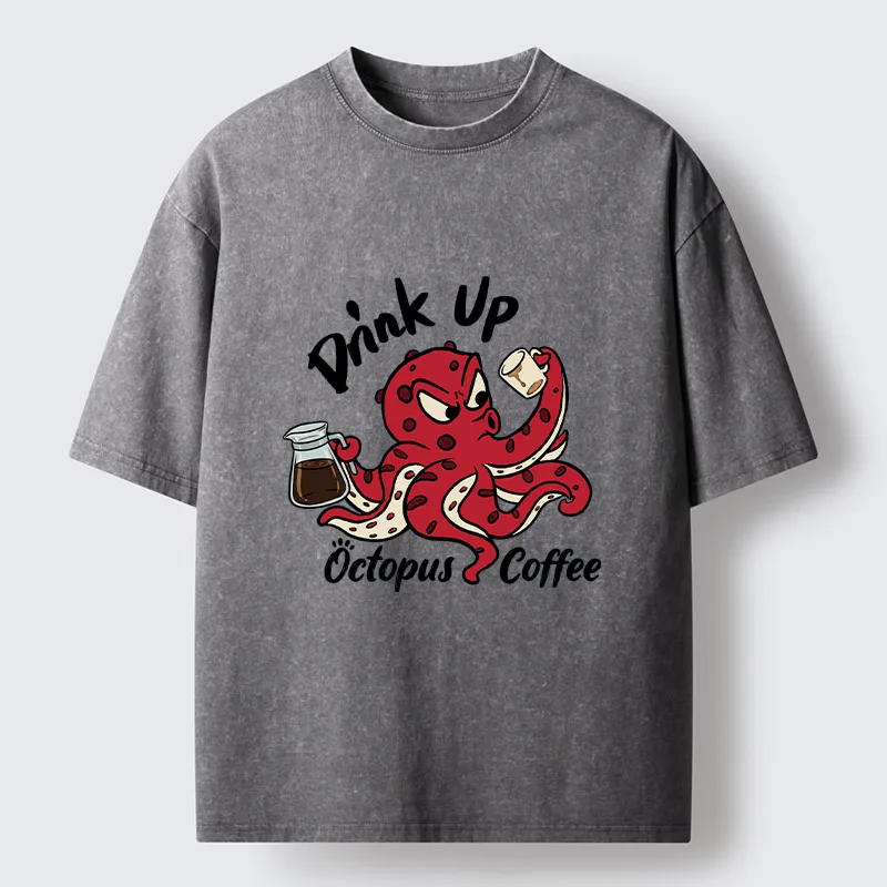 Tokyo-Tiger Red Octopus Drinking Coffee Washed T-Shirt