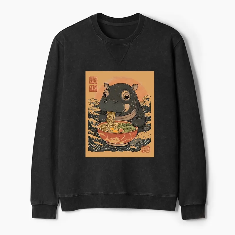 Tokyo-Tiger Up Moo Deng Eat Ramen Washed Terry Sweatshirt