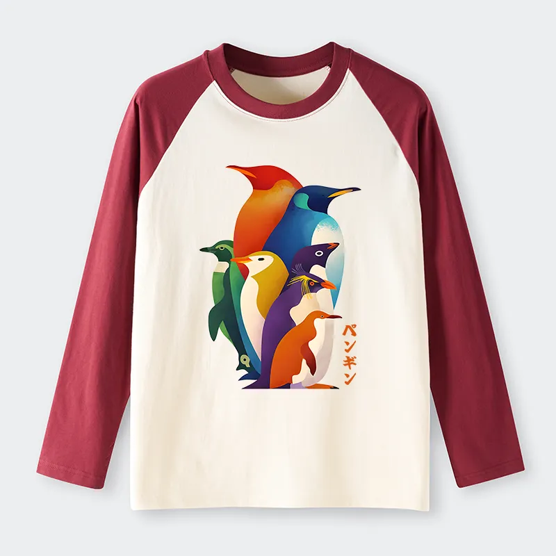 Tokyo-Tiger Cute Multi Tone Penguins Raglan Long Sleeve T-shirt