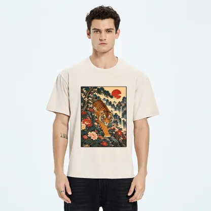 Tokyo-Tiger Vintage Ukiyo Wild Tiger Floral Graphic Washed T-Shirt