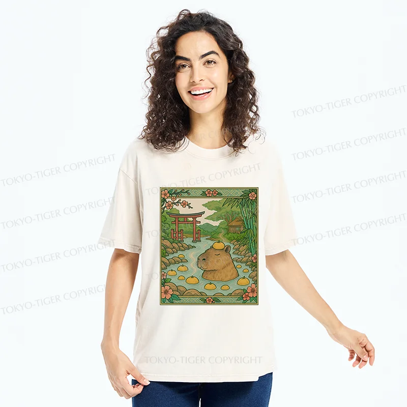 Tokyo-Tiger Bathing Capybara Ukiyoe Washed T-Shirt