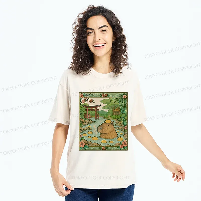 Tokyo-Tiger Bathing Capybara Ukiyoe Washed T-Shirt