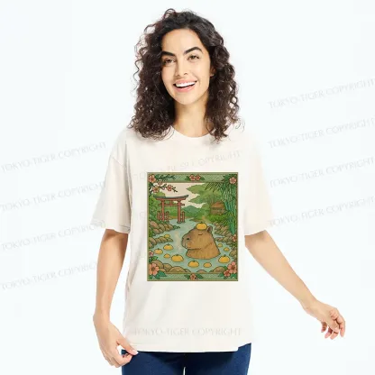Tokyo-Tiger Bathing Capybara Ukiyoe Washed T-Shirt