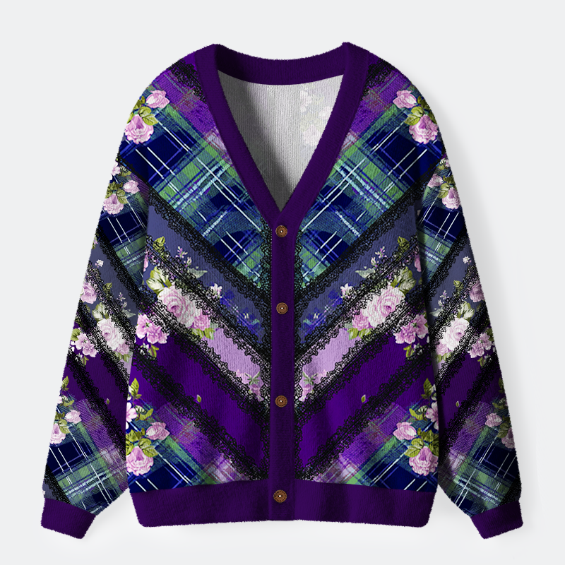 Tokyo-Tiger Tartan of Roses & Lace Ugly Cardigan Sweater