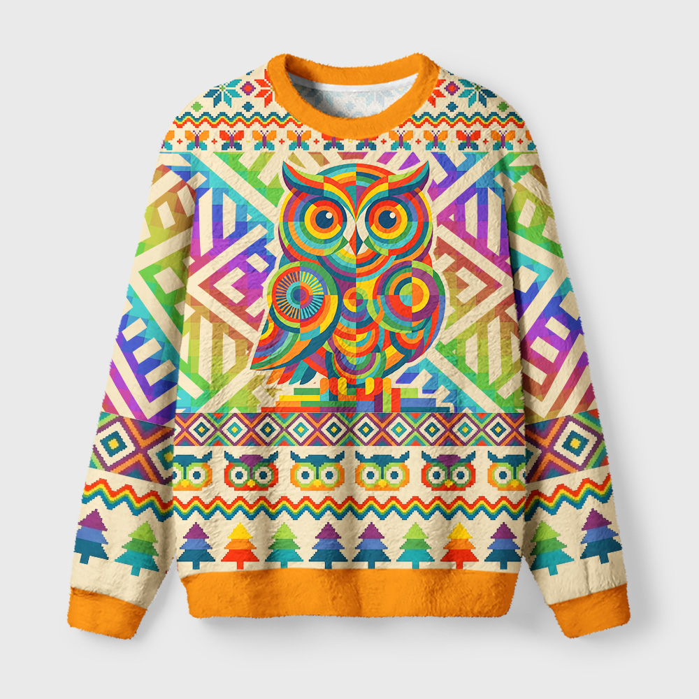 Tokyo-Tiger Rainbow Folk Owl Fuzzy Christmas Ugly Sweatshirt