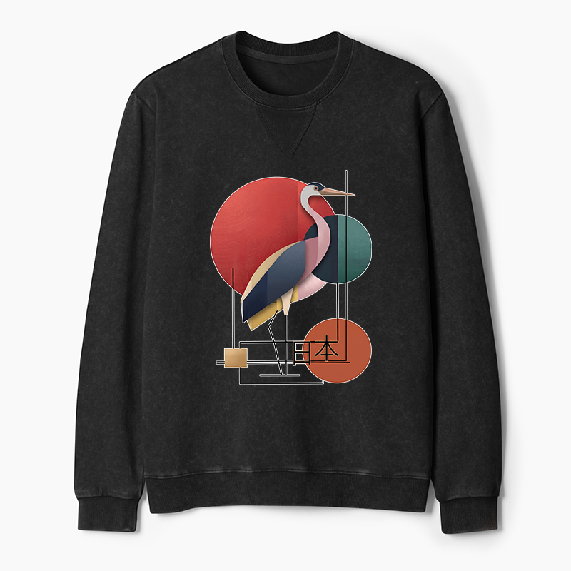 Tokyo-Tiger Geometric Crane Art Washed Terry Sweatshirt