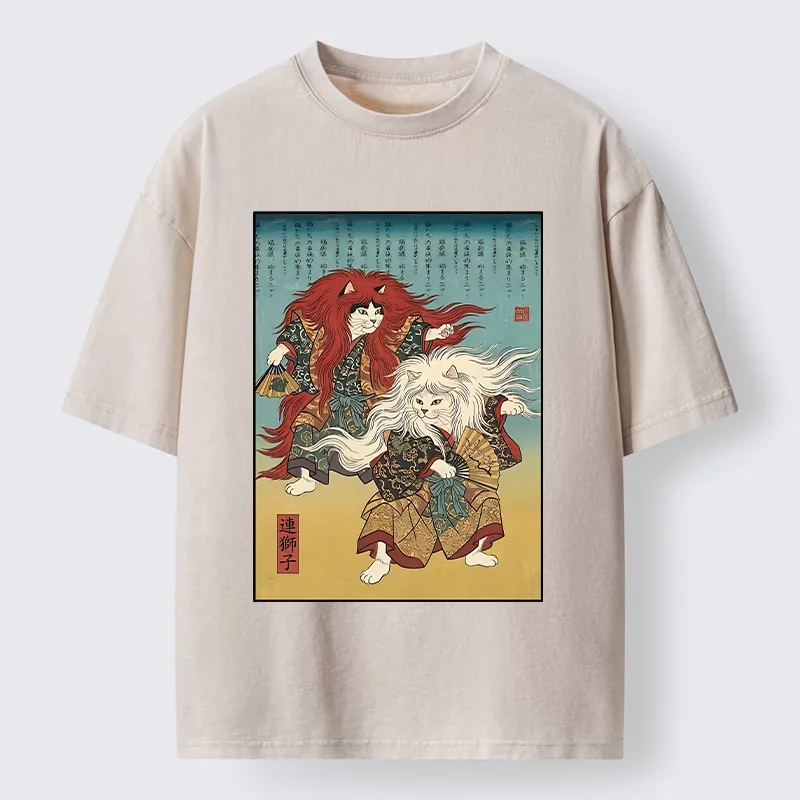 Tokyo-Tiger Traditional Japanese Kabuki Style Cat Art Washed T-Shirt