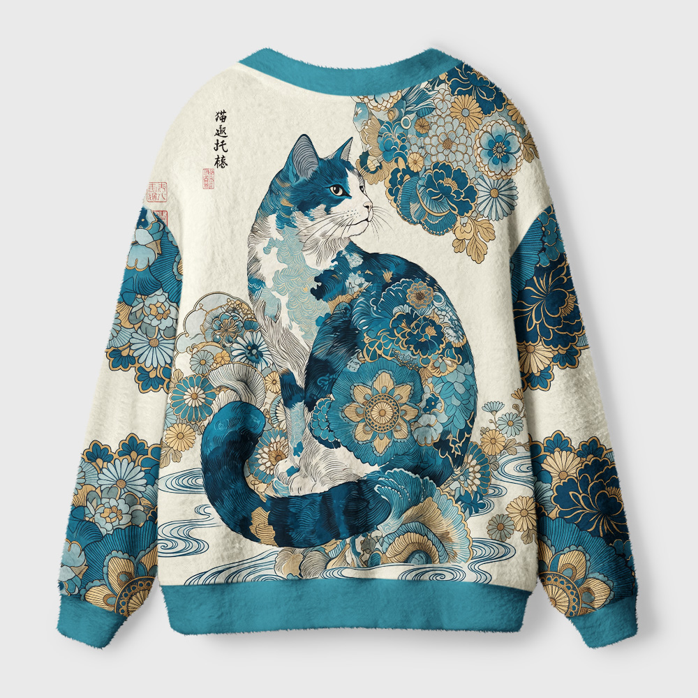 Tokyo-Tiger Blue‑Gilded Flower Cat Ugly Cardigan Sweater