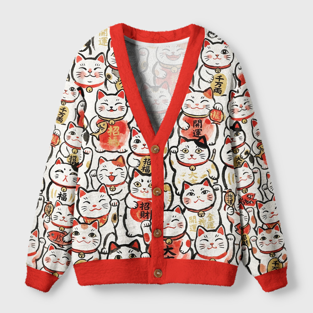 Tokyo-Tiger Maneki Neko Fullprint Ugly Cardigan Sweater