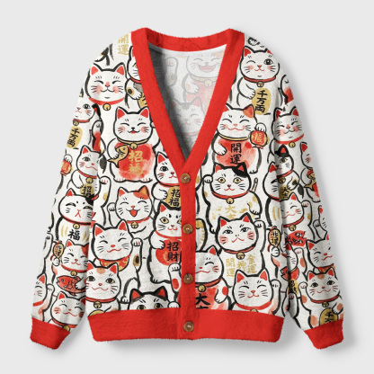 Tokyo-Tiger Maneki Neko Fullprint Ugly Cardigan Sweater