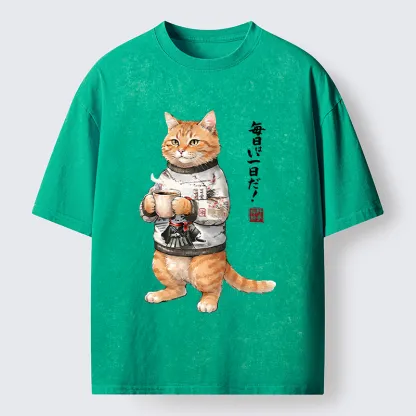Tokyo‑Tiger Sweater Cat Coffee Washed T‑Shirt