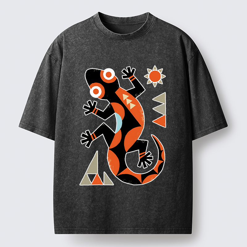 Tokyo-Tiger Abstract Geometric Gecko Washed T-Shirt