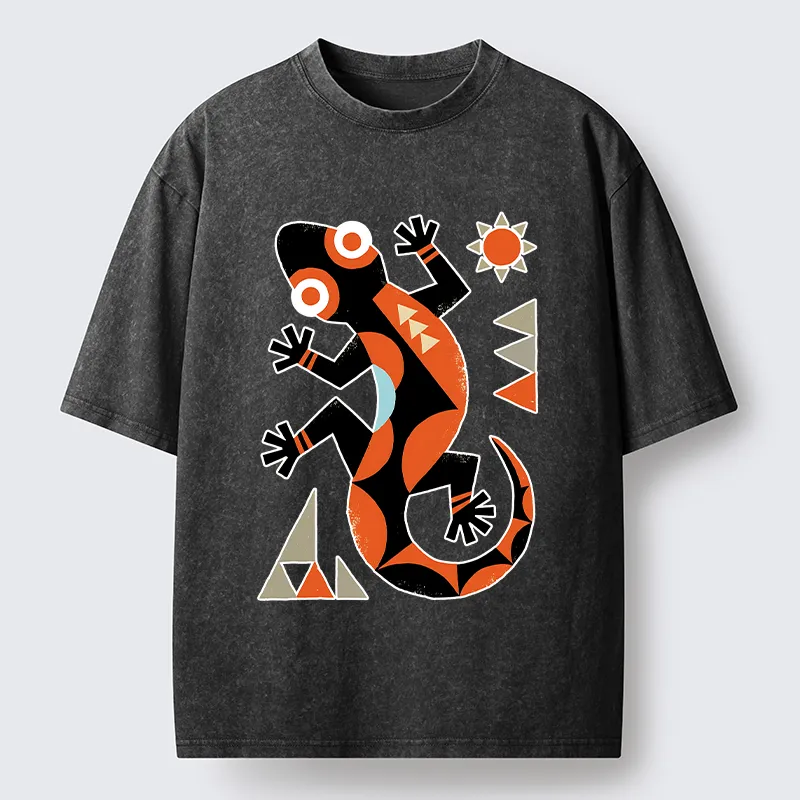 Tokyo-Tiger Abstract Geometric Gecko Washed T-Shirt