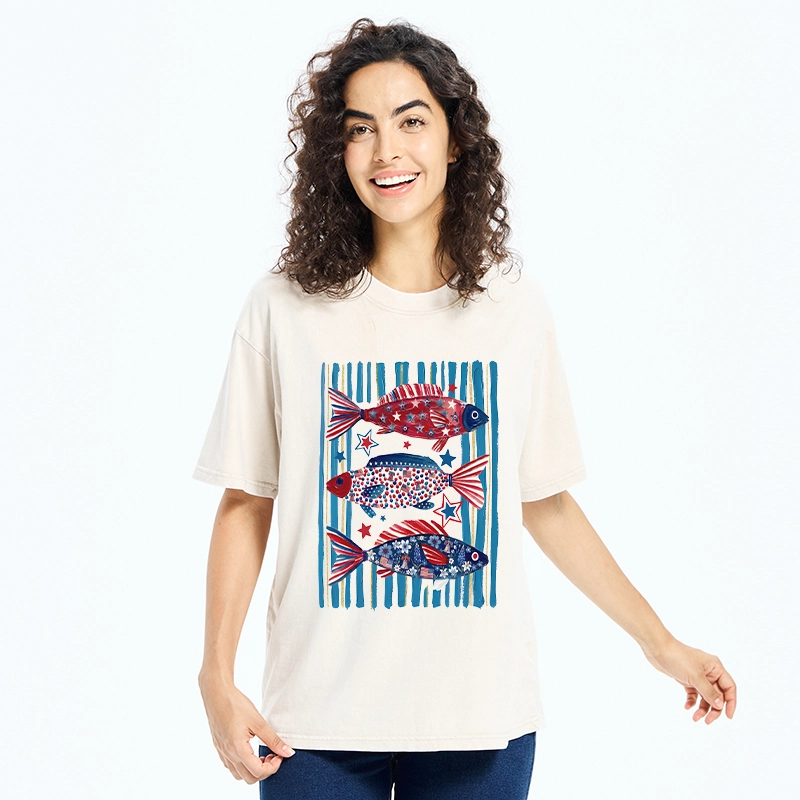 Tokyo-Tiger Vibrant Independence Day Star Decorated Fish Washed T-Shirt