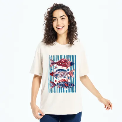 Tokyo-Tiger Vibrant Independence Day Star Decorated Fish Washed T-Shirt