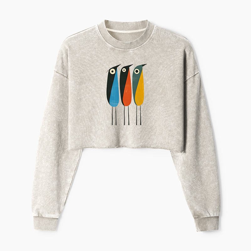 Tokyo-Tiger Bold Shape Birds Washed Crop Sweatshirt